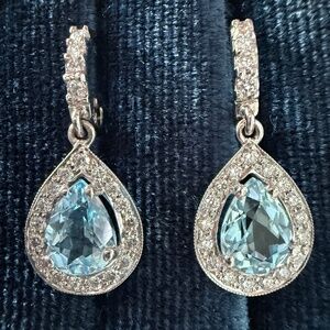 Designer PENNY PREVILLE 18K White Gold Diamond Aquamarine Dangle Drop Earrings